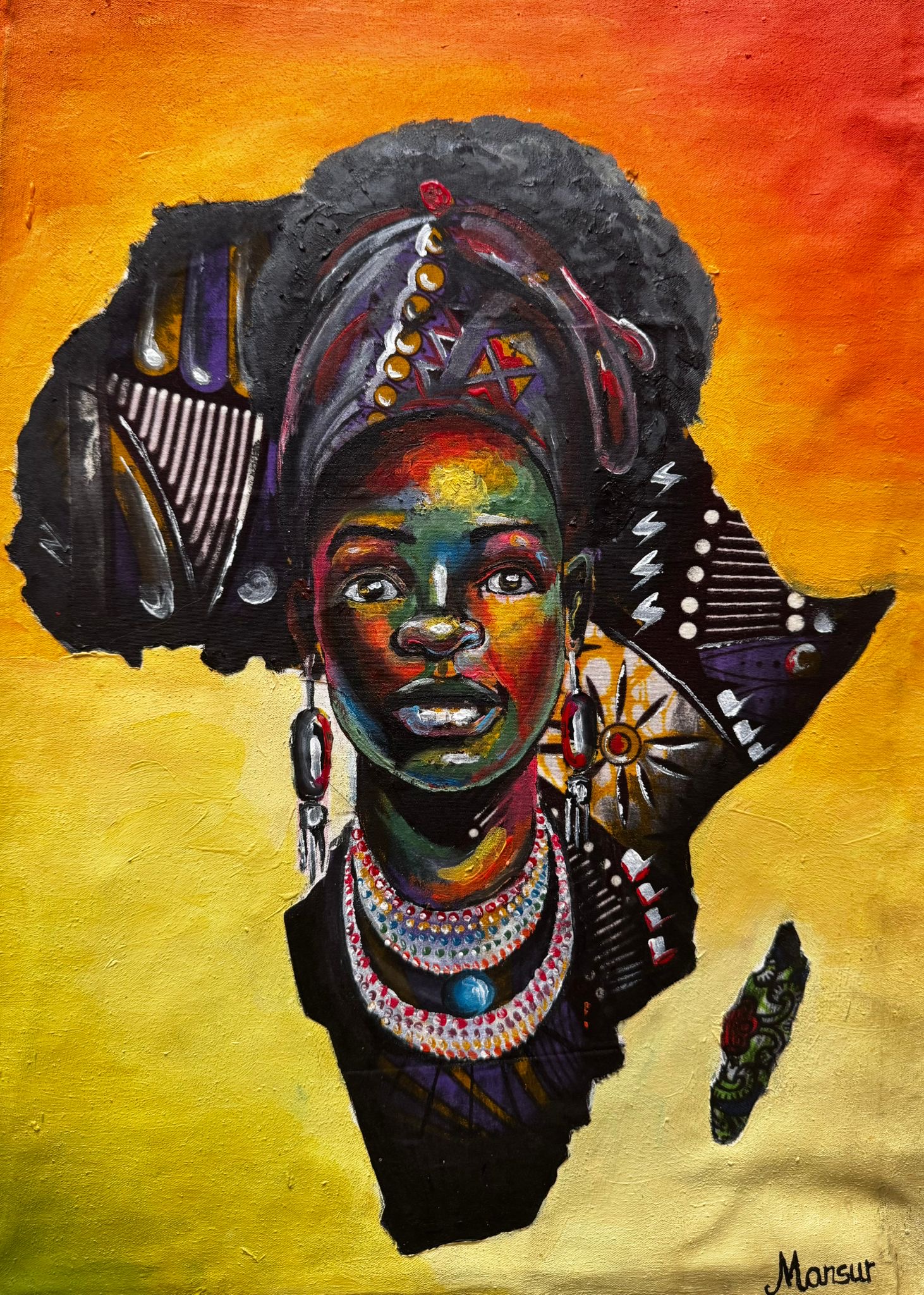 Colorful portrait artwork of an African woman by Mansur
